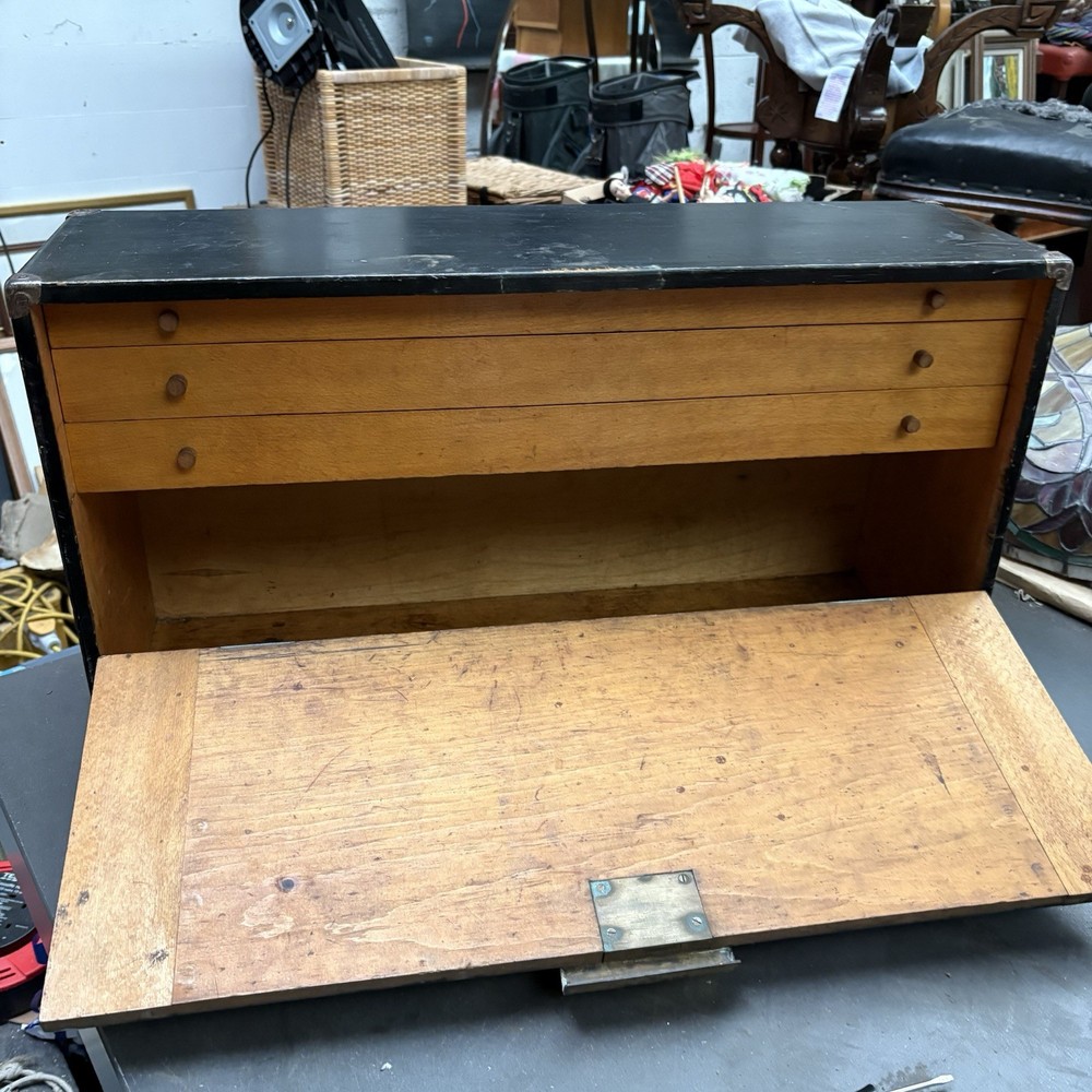 Antique Engineers Tool Box 3 Internal Drawers Brass Lock And Key