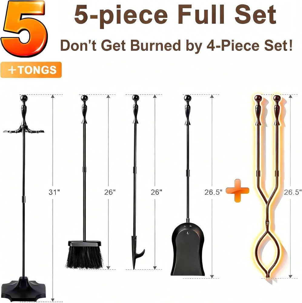 5 Pcs Fireplace Tools Set 31 Inch Indoor Black Handle Wrought Iron Large Fire...