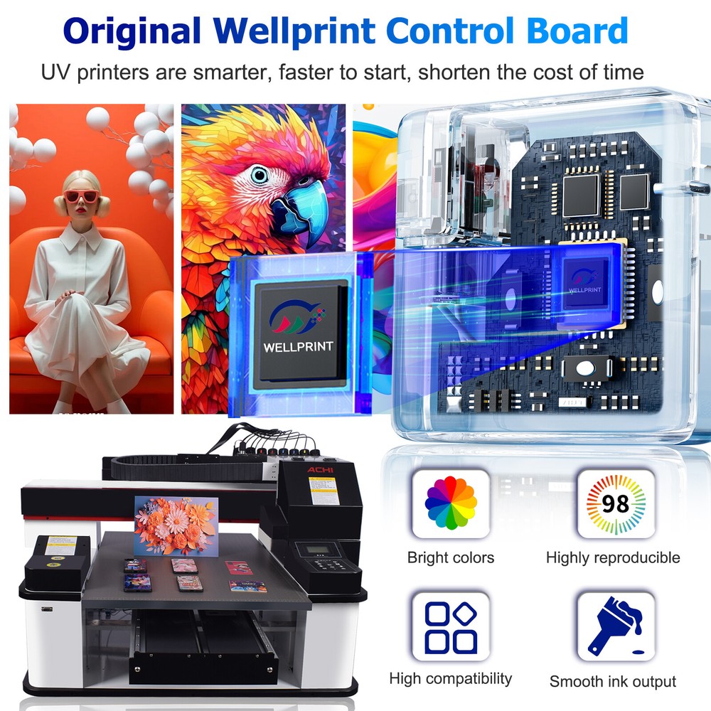 ACHI UV 6090 XP600 Printer DTG Flatbed Printer Vacuum Platform 8 Color US Ship