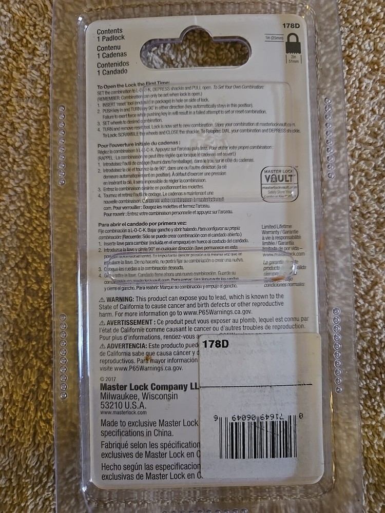 Master Lock - 178D - Black - Combination Padlock - New