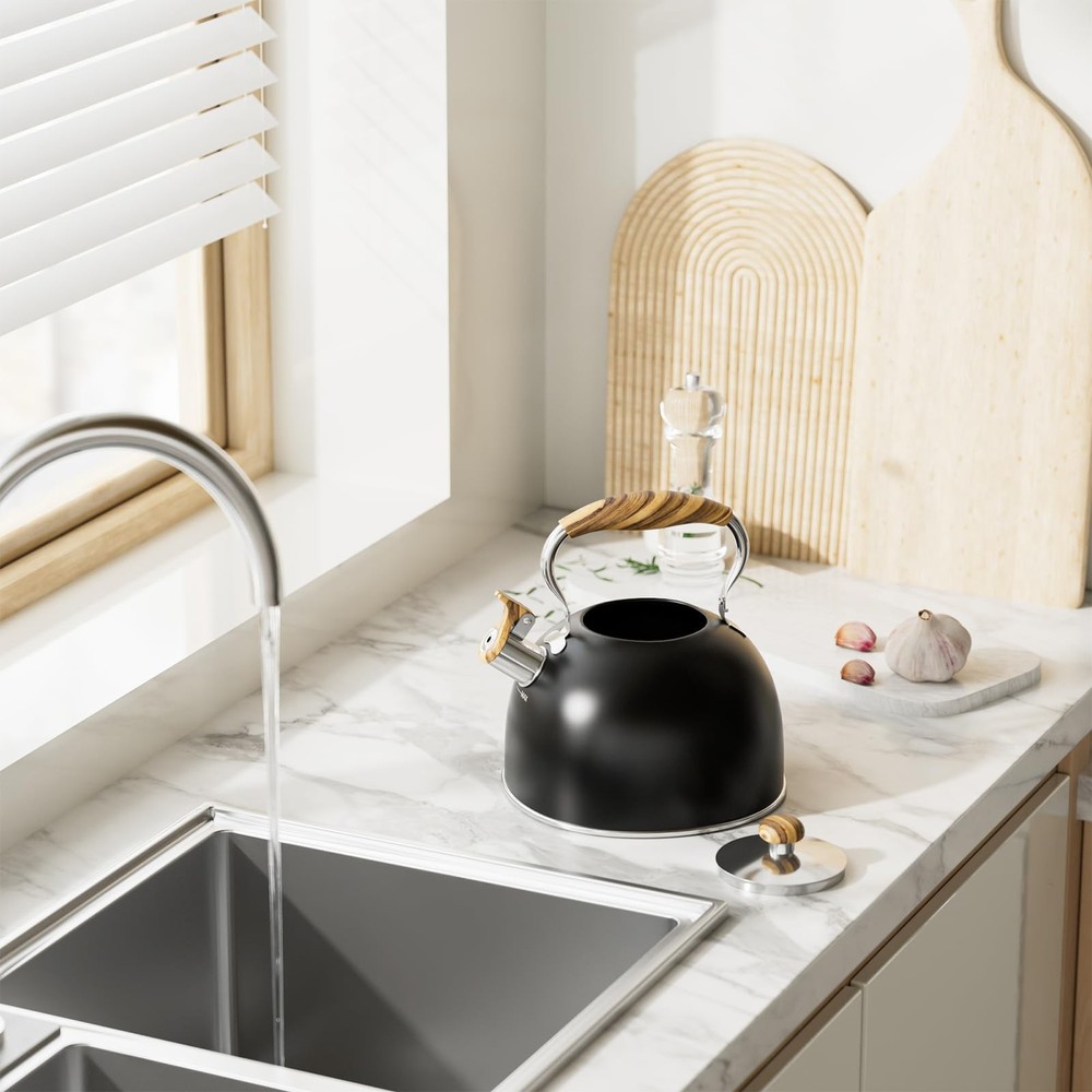 Whistling Tea Kettle 2.6 Quart with Cool Wood Pattern Handle Black Color