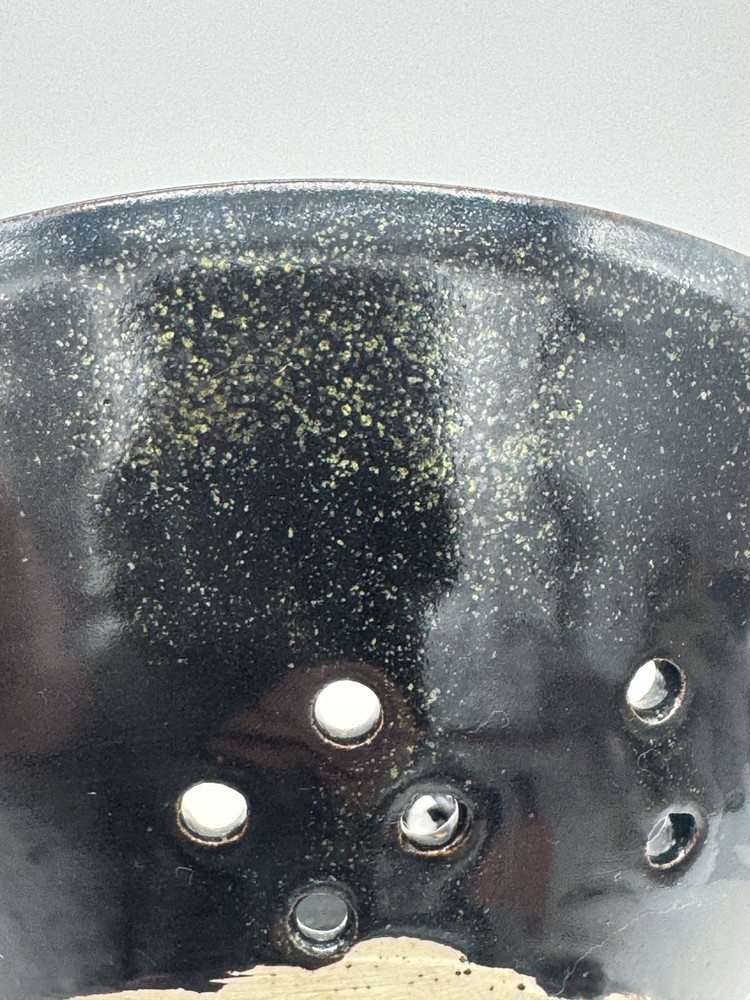 Studio Art Pottery Berry Strainer Colander Black Speckled Signed