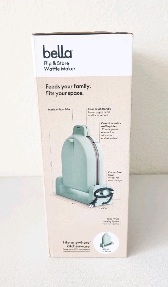 Bella Flip & Store Evergood Ceramic Non-Stick Waffle Maker, Seaglass, Open Box
