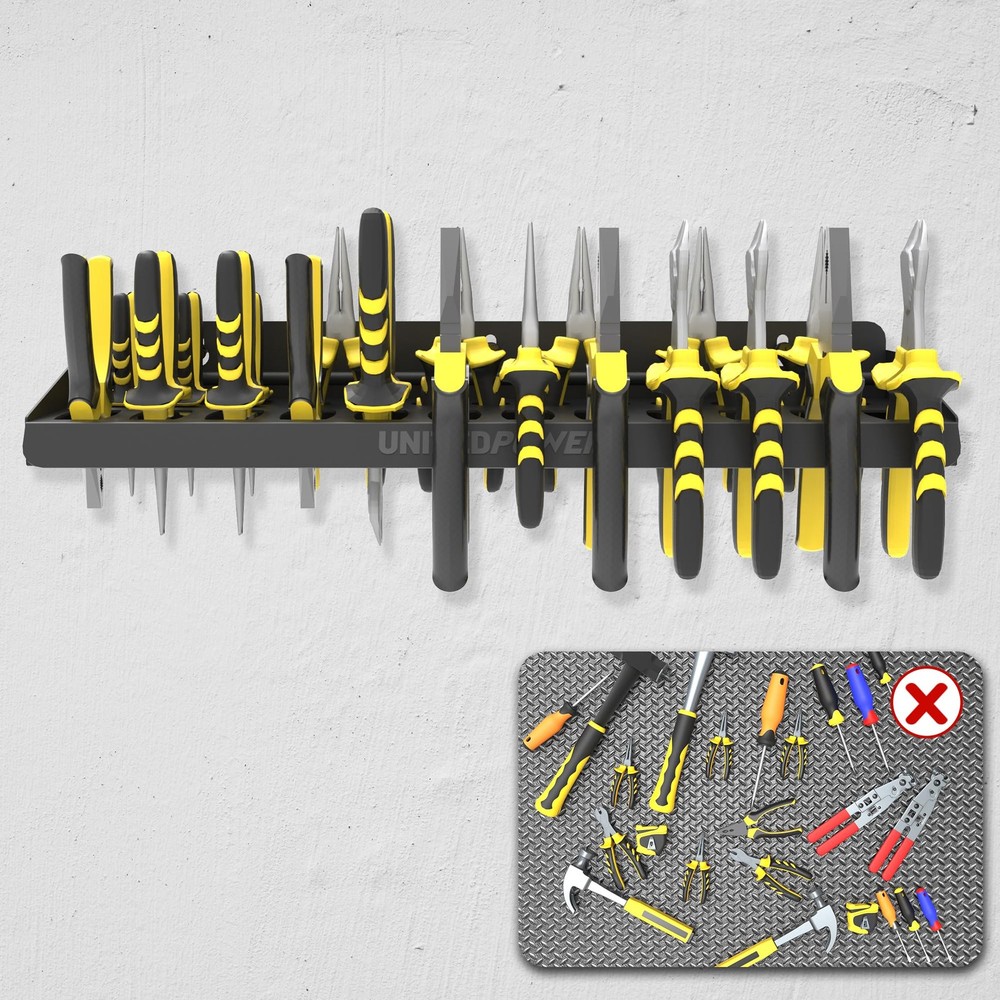 Wall Mount Pliers Organizer Rack - Holds 12 Tools for Workshop, Shed, Garage
