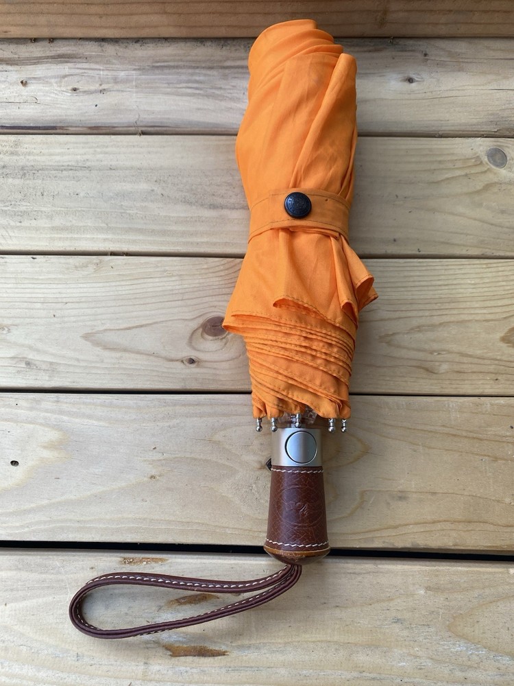 Longchamp Orange Folding Umbrella - Leather Handle