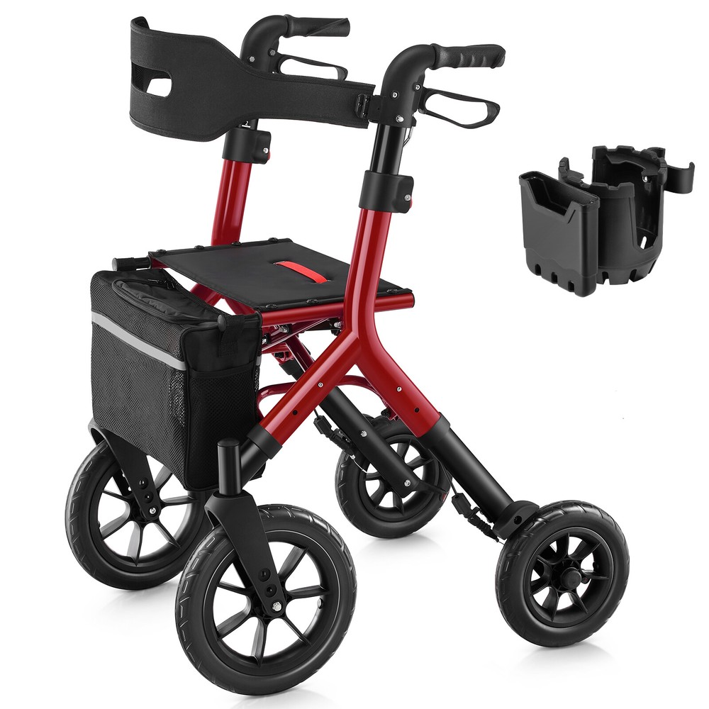 12"+10" Rubber Wheels All-Terrain Rollator Walker w/Seat Folding Adjustable