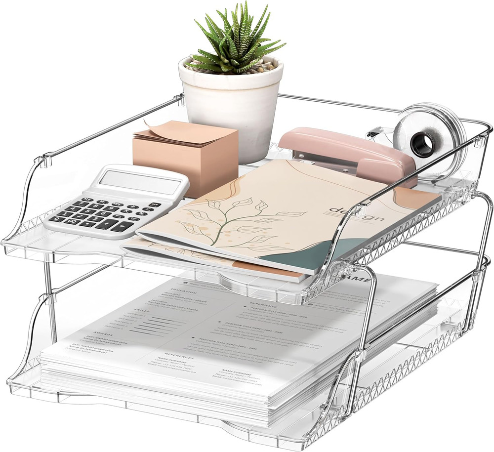 Simple Houseware 2-Tier Clear Stackable Letter Tray Organizer – Desktop File Hol