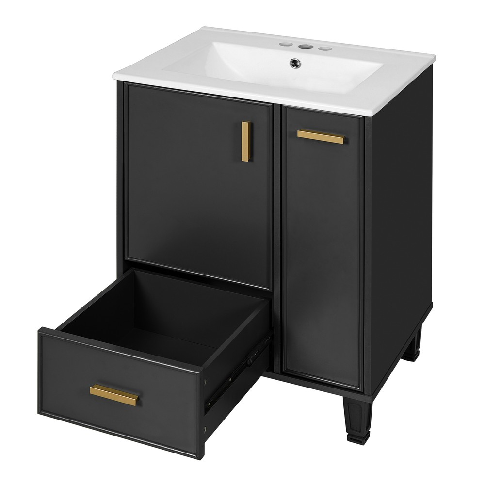 Bathroom Vanity with Ceramic Sink Solid Wood Frame Storage Cabinet Deep Drawer