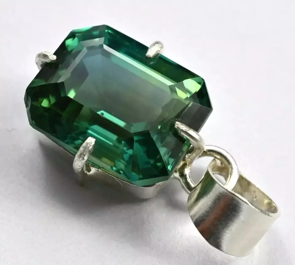 Certified 33.5 Ct+ Natural Emerald 925 Solid Silver Emerald Cut Pendant Gemstone