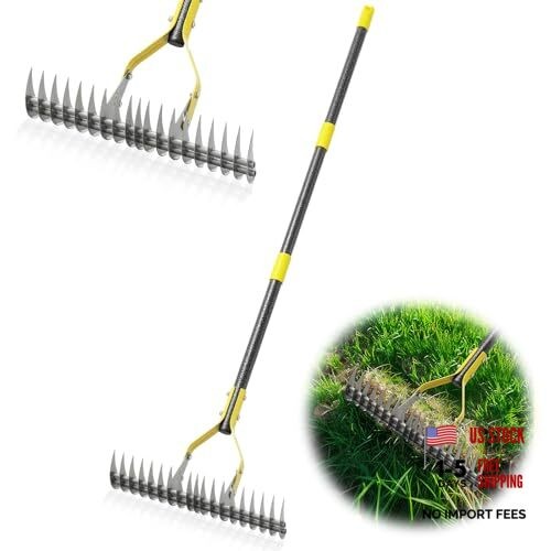 Thatch Rake Heavy Duty Metal Dethatcher Rake with Adjustable Long Handle 4.5FT