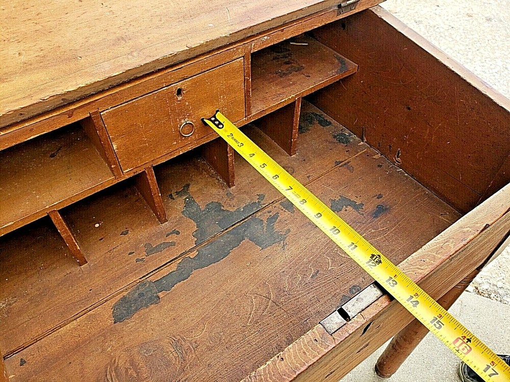 Antique Primitive railroad map maker store slat top pine desk with compartment