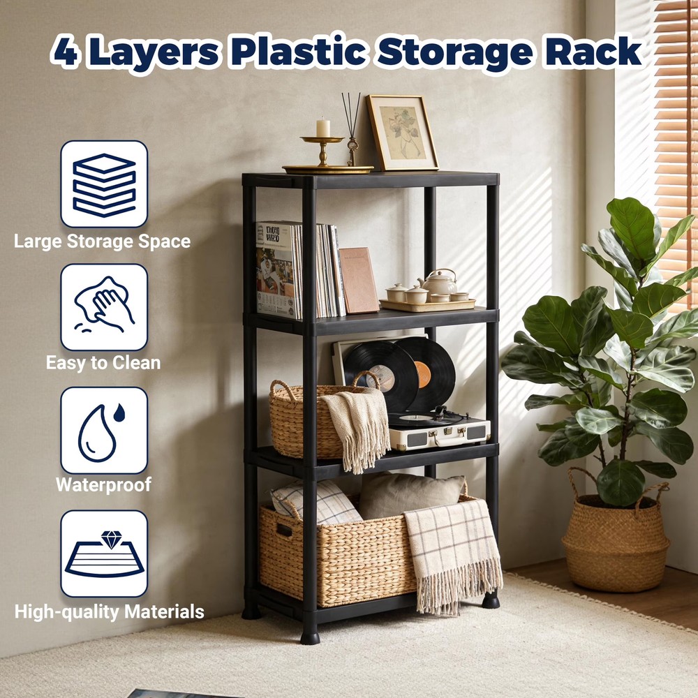 4-Shelf Plastic Storage Rack Multi-Purpose Organizer Easy Assembly for Home
