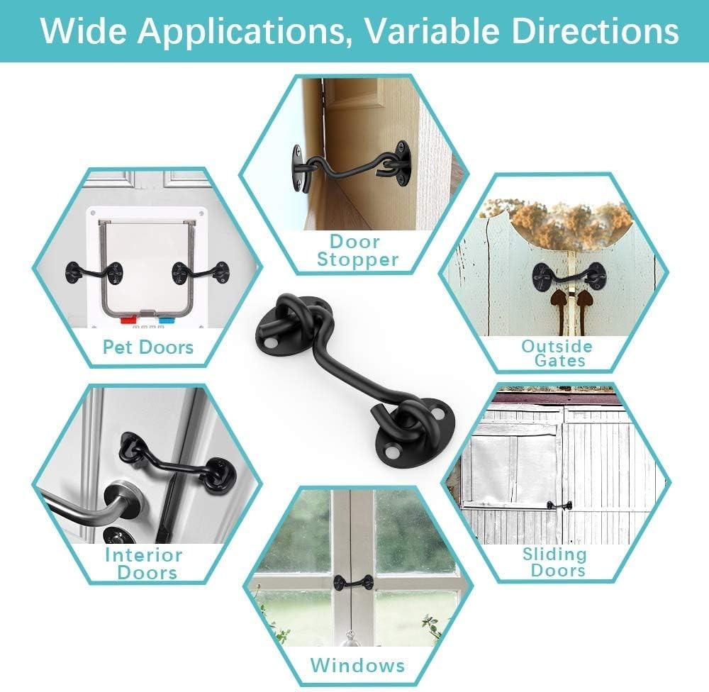 Black Gate Latch - Rust-Resistant Stainless Steel Hooks