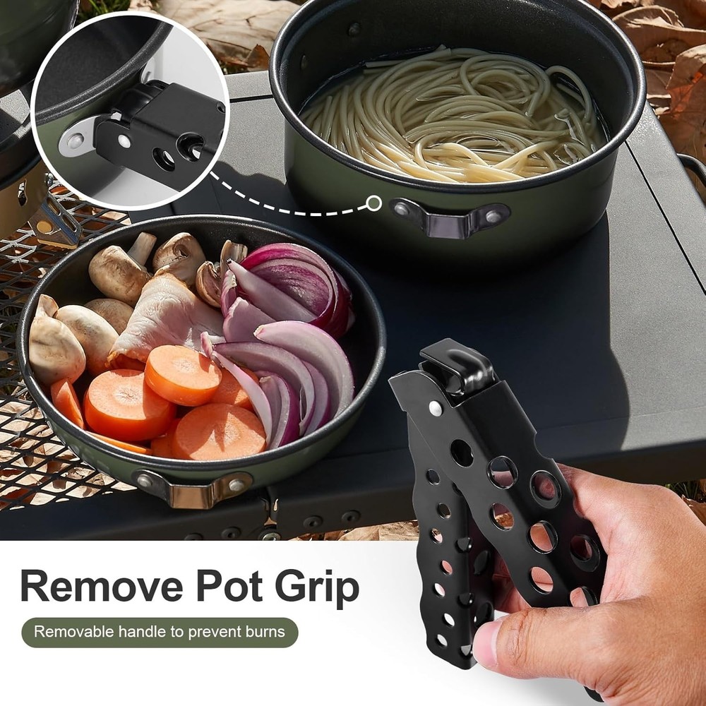 5PCS Camping Cookware Set Non-Stick Pot Pan Kettle Removable Handle Green