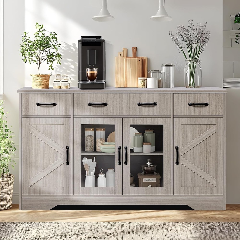 Sideboard Buffet Cabinet with Storage, 55" Large Kitchen Buffet Table with Glass