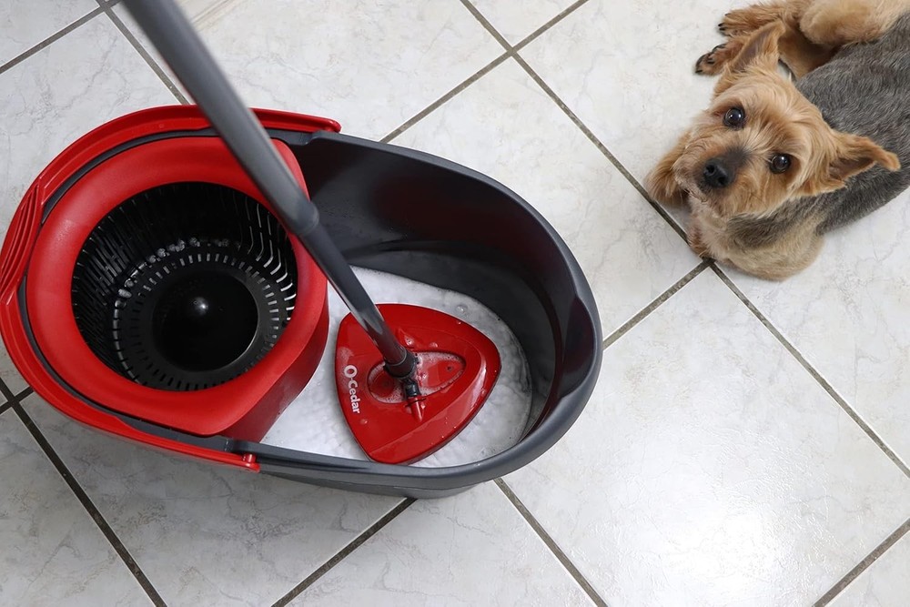 O-Cedar EasyWring Microfiber Spin Mop, Bucket Floor Cleaning System, Red, Gray