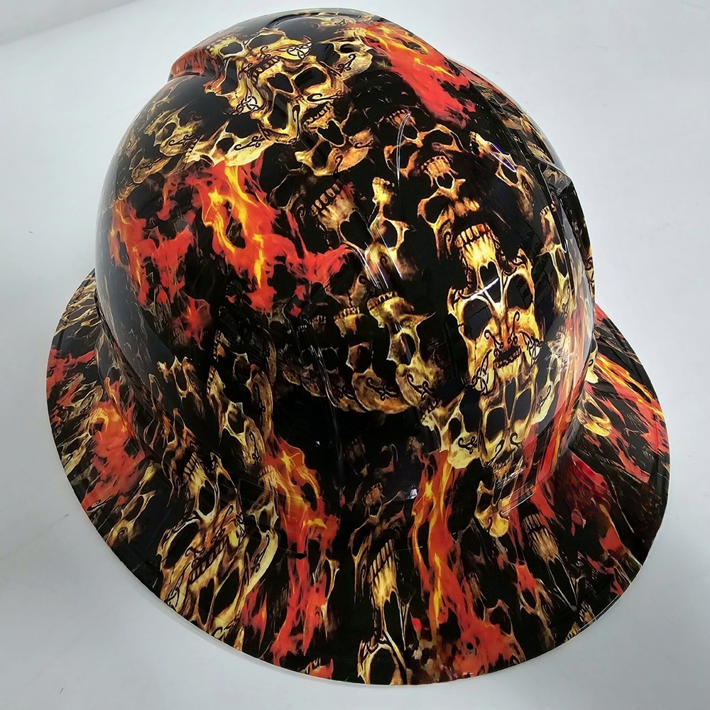 full brim hard hat custom hydro dipped IN HELLS GATE STACKED SKULLS EVIL NEW