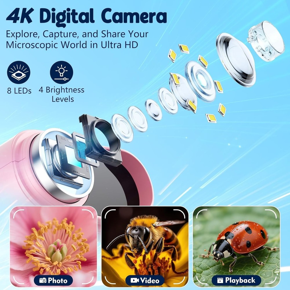 Plastic Handheld Microscope for Kids with 4K Screen and 12 Slides Educational
