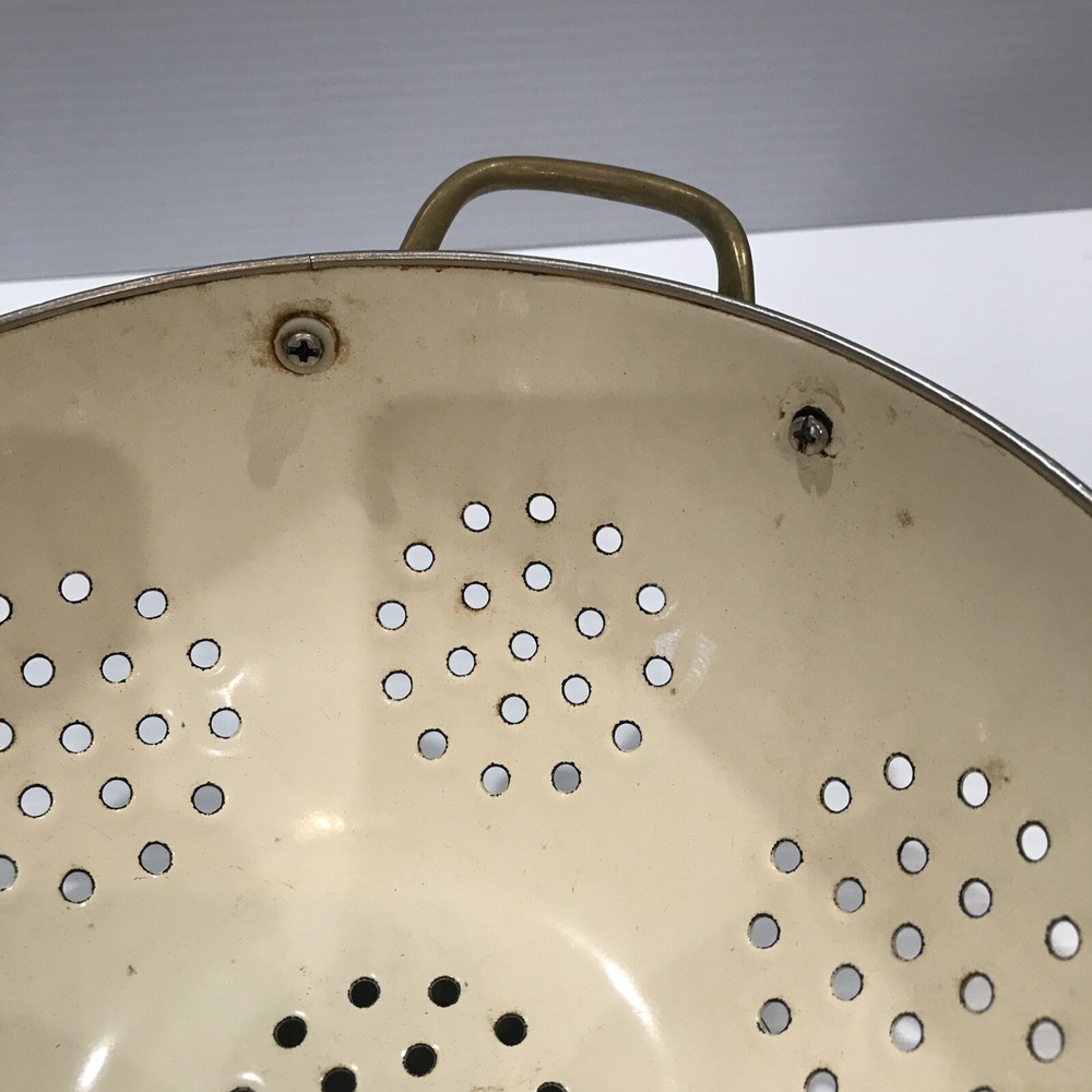 Rustic Primitive Vintage White Enamel Collander Floral Print Accent Brass Handle