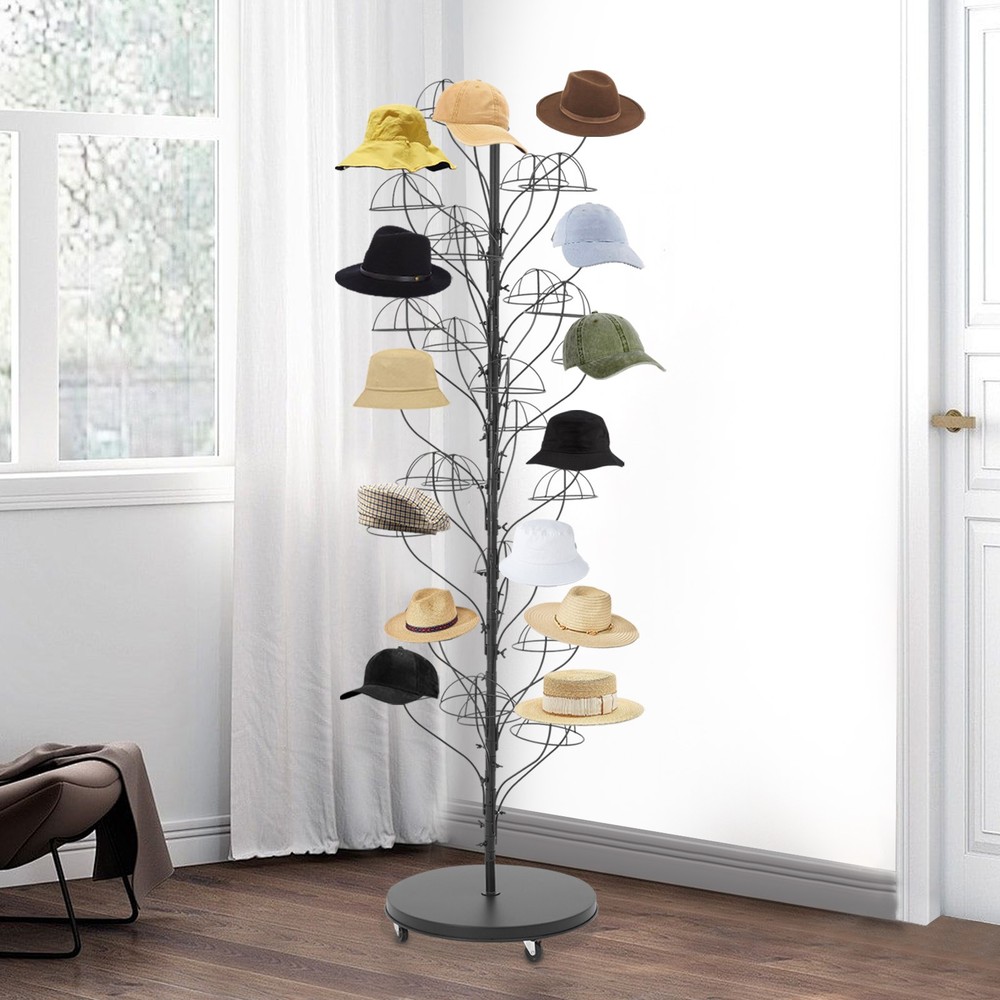 35-hanger Hat Display Stand, Black Floor-Standing Hat Display Rack with Wheels