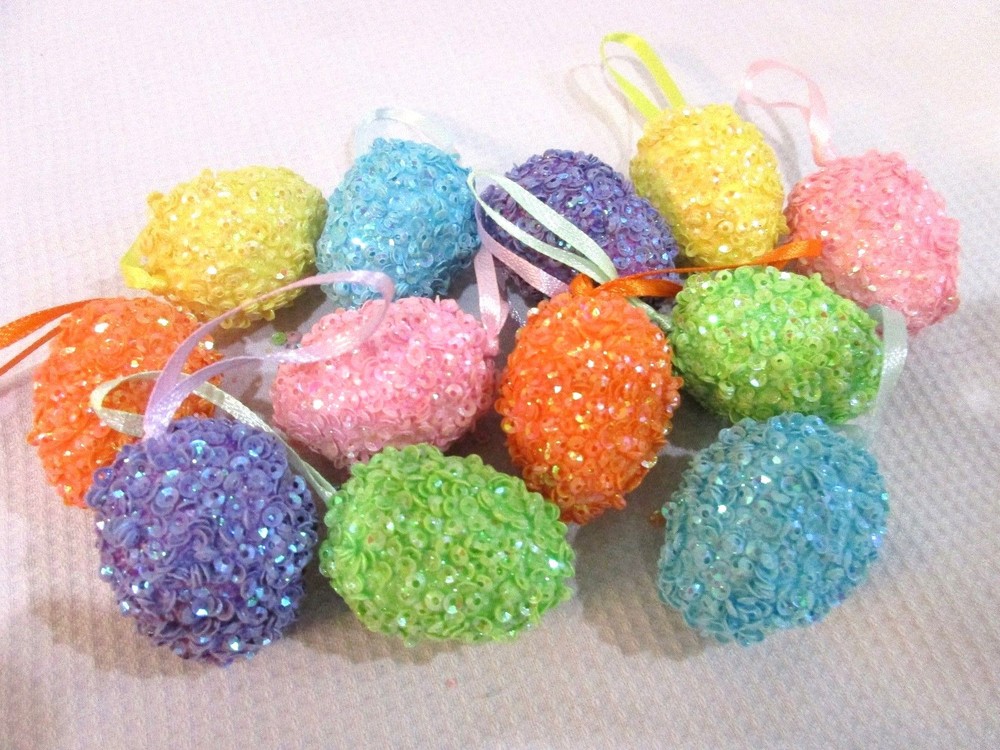 Easter Pastel SPARKLE Eggs Egg 1.75" Hanging Tree Ornaments Set of 12