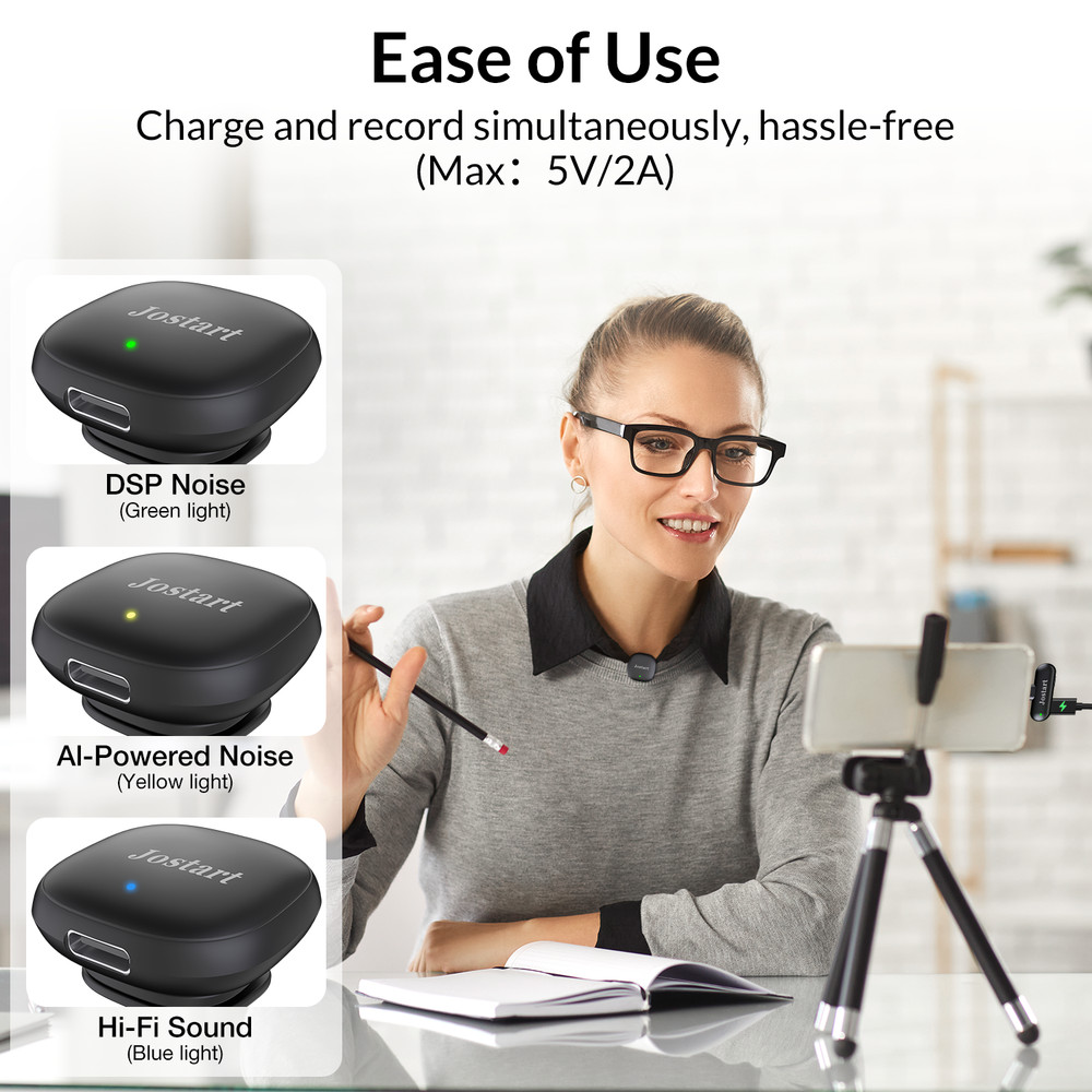 2-in-1 Wireless Lapel Microphone with AI Noise Reduction for iPhone & Android
