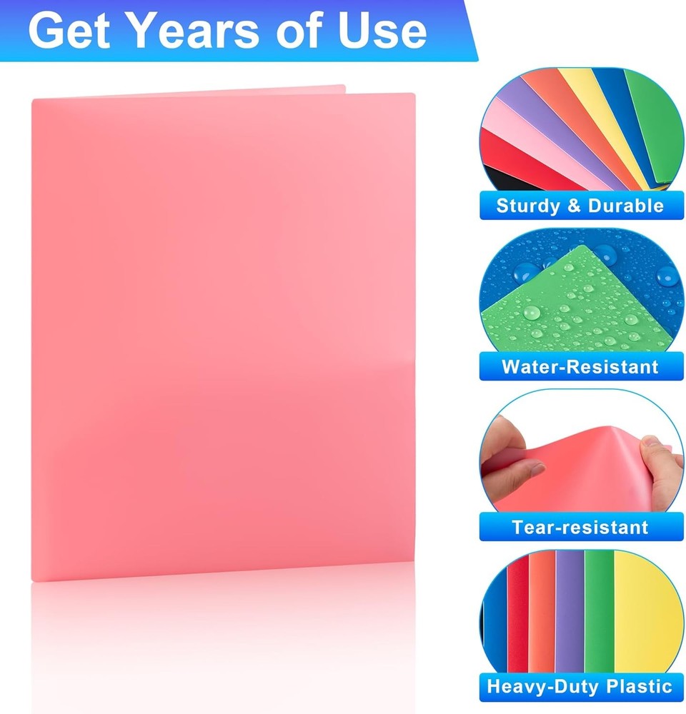 Plastic Folders with Pockets (8 Pack,Assorted Colors), Durable Heavy Duty File
