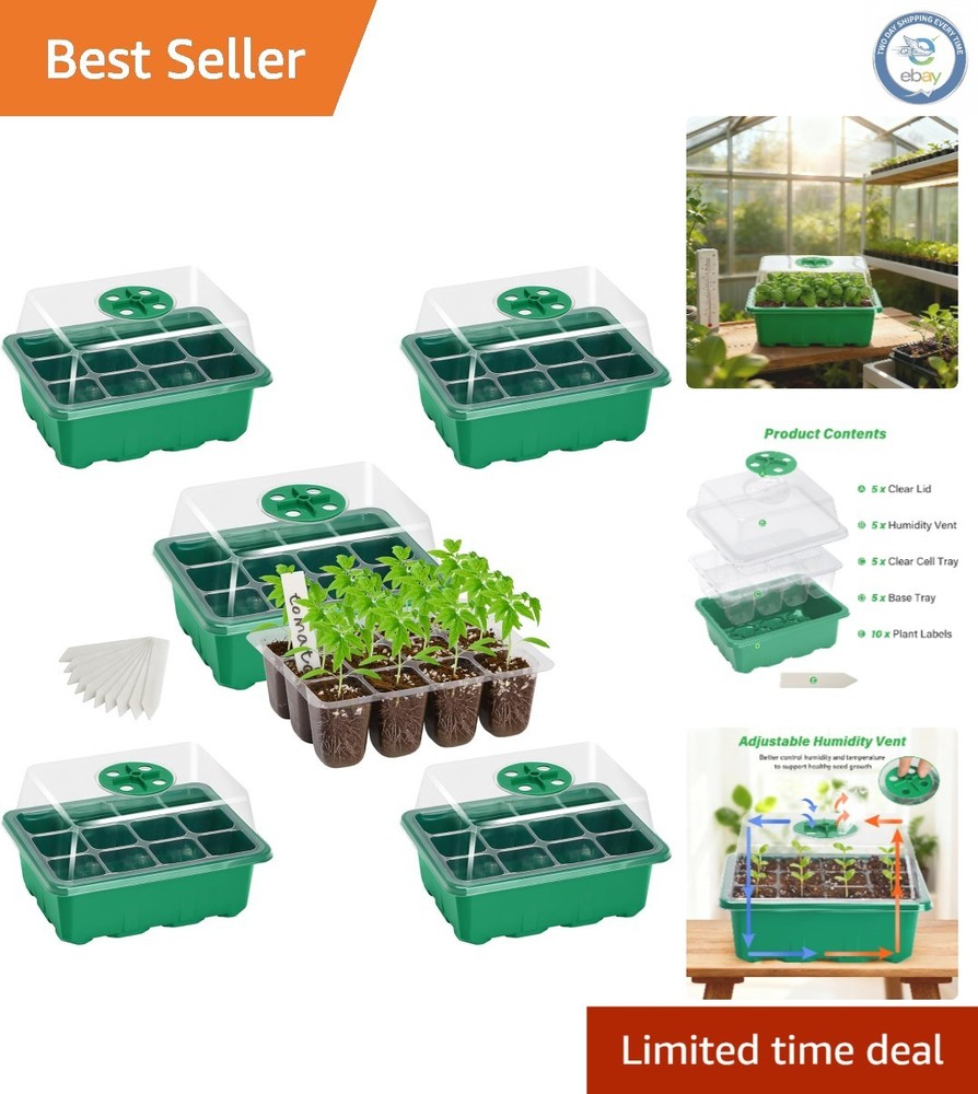 Complete Indoor Greenhouse Solution: 5-Pack Seed Starter Trays with Labels