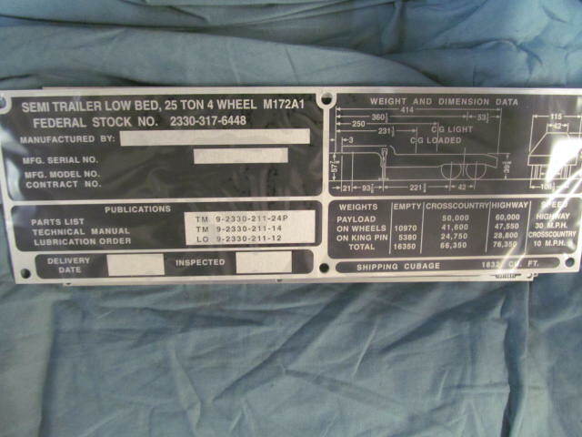 M172A1 25 ton lowboy Blank Data Plate