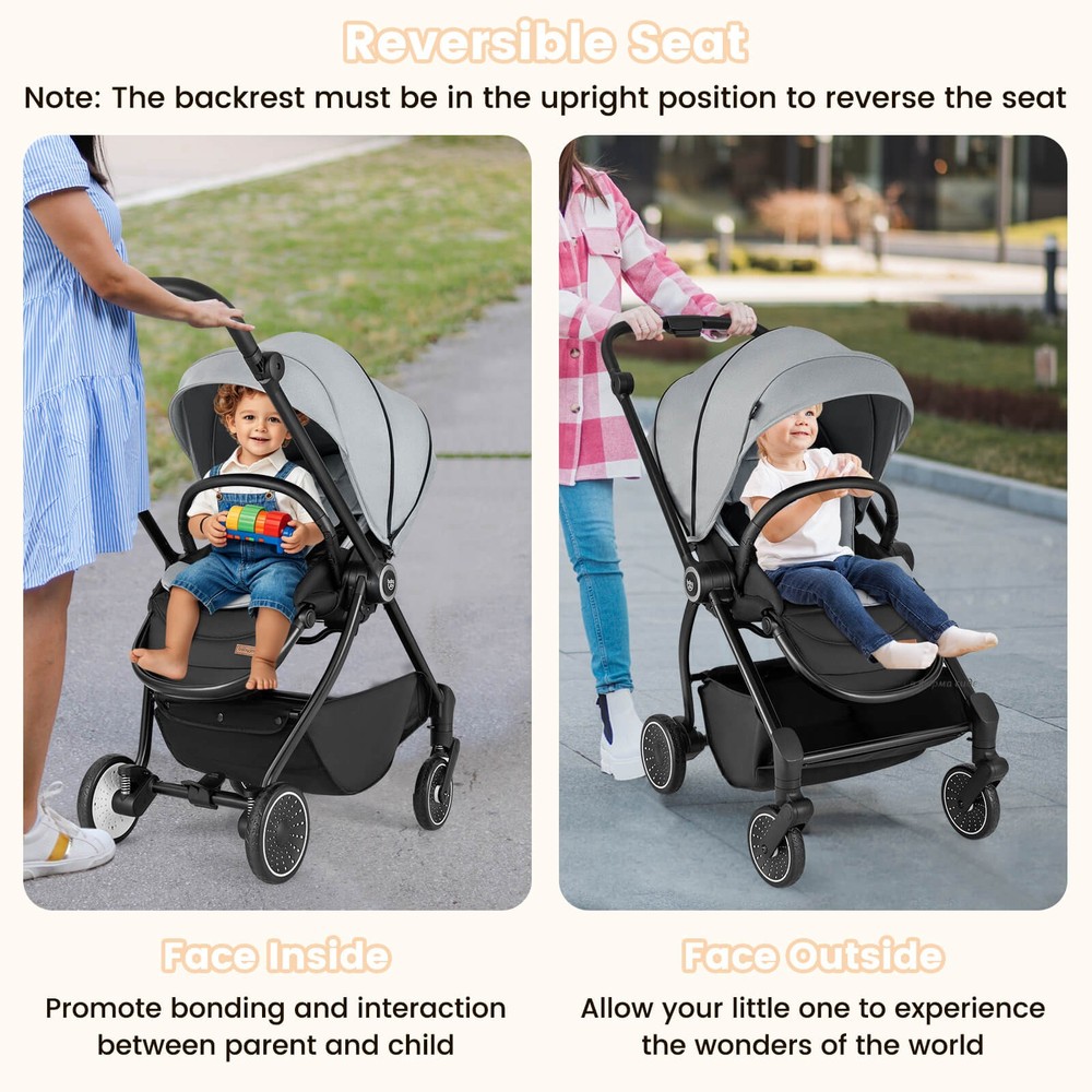 Baby Stroller Foldable Infant Pram Stroller w/ Reclining Backrest Handle