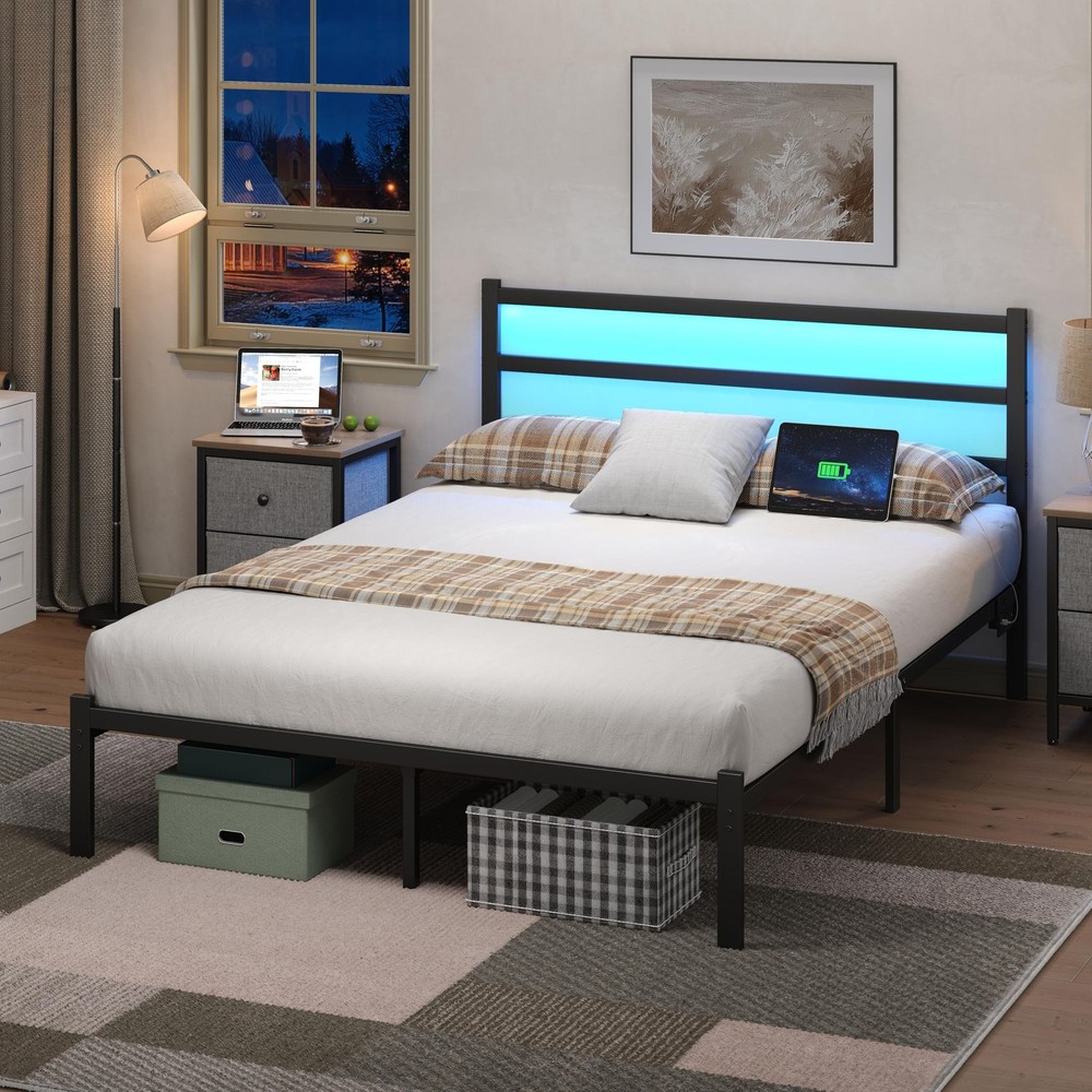 Full Bed Frame with Smart LED Lights, Storage Headboard and USB Charging Stat...