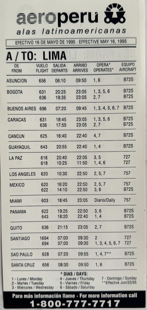 AeroPeru Airlines Timetable - May 1995