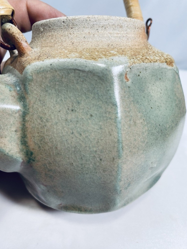 Studio Pottery Celadon Teapot Small Ceramic Rattan Wrapped Handle