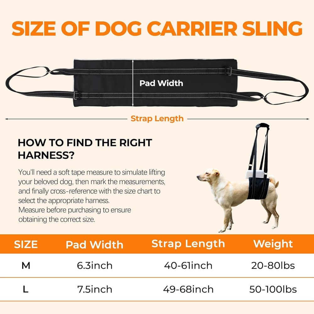 Dog Lift Harness, Adjustable Comfortable Sling with Handle for M, Black
