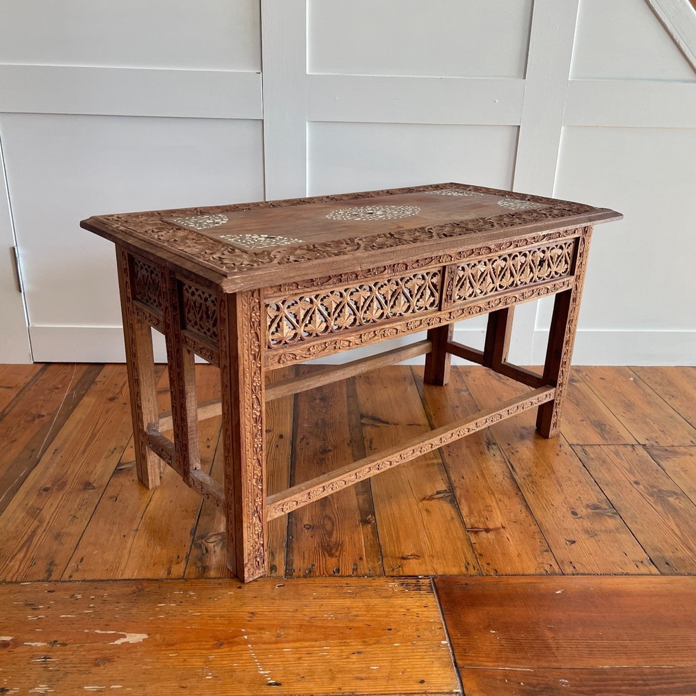 Indian Carved Folding Table Rectangular Coffee Table Inlaid Floral Pattern