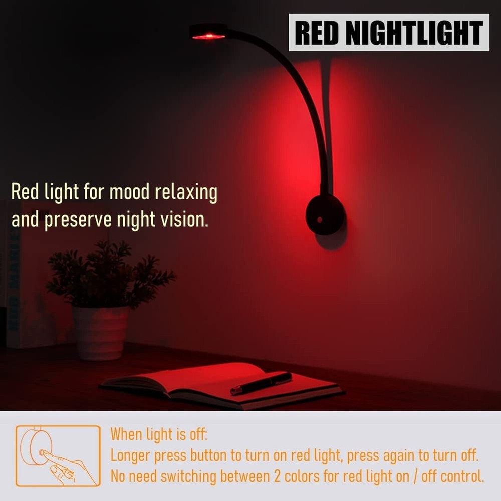12 Volt Flexible Dimmable LED Reading Light, Full Metal & Red Light & Quick U...
