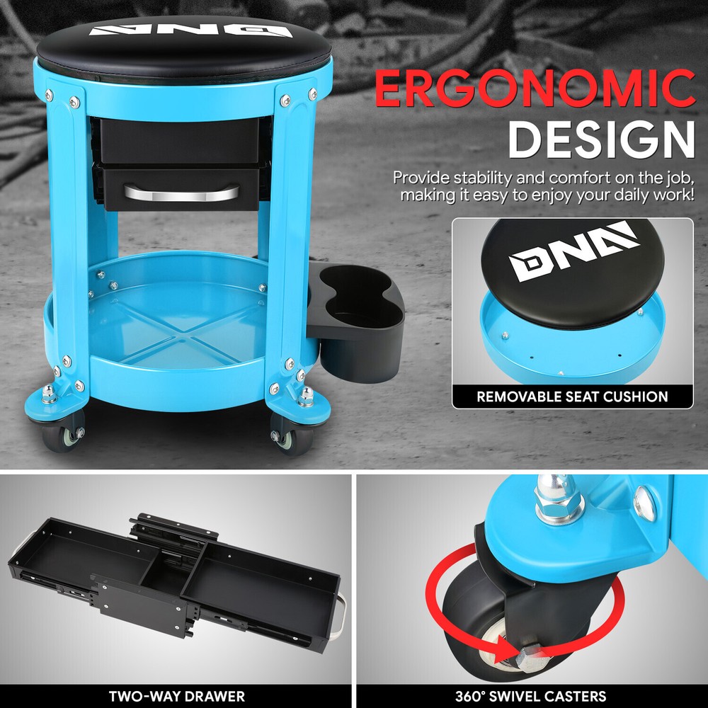 300LBS Round Roller Foam-Padded Tool Seat Creeper Workshop Stool Garage Blue