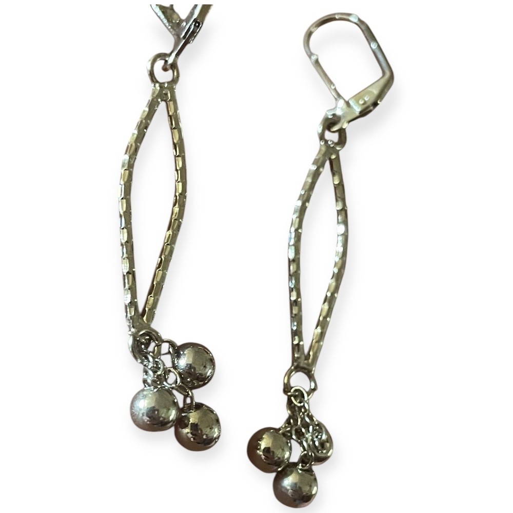 2.5” Silver Tone Dangle Earrings Boho Chic Textured Marquise Loop & Ball Charms