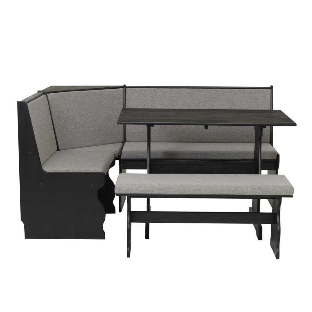 3 pc Gray Black Top Breakfast Nook Dining Set Corner Booth Bench Kitchen Table