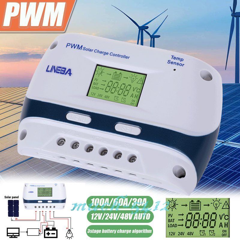 PWM Solar Panel Regulator Charge Controller Auto Focus Tracking 12V/24V/48V USB