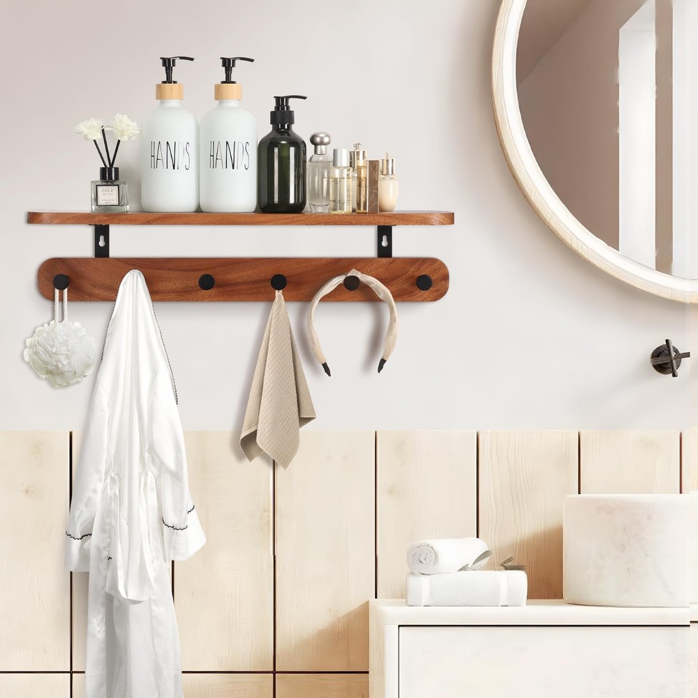 Coat Rack Wall Mount with Shelf, 22" Walnut Wood Wall Shelf with Hooks, Entry...