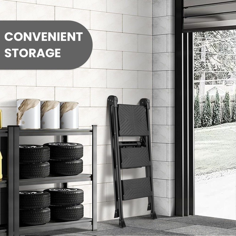 3 Step Ladder, Foldable Handrail & Tool Tray Stool Ladders with Anti-Slip Wid...