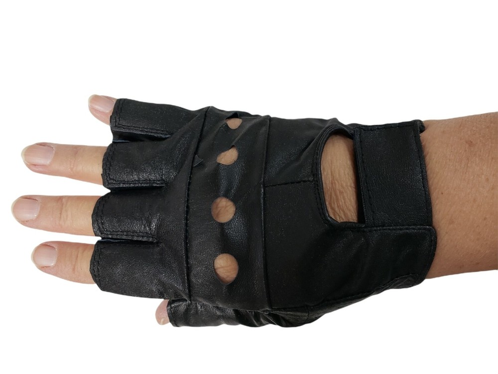 Bikers Black Leather Cycle Gloves Fingerless Size Medium Womens