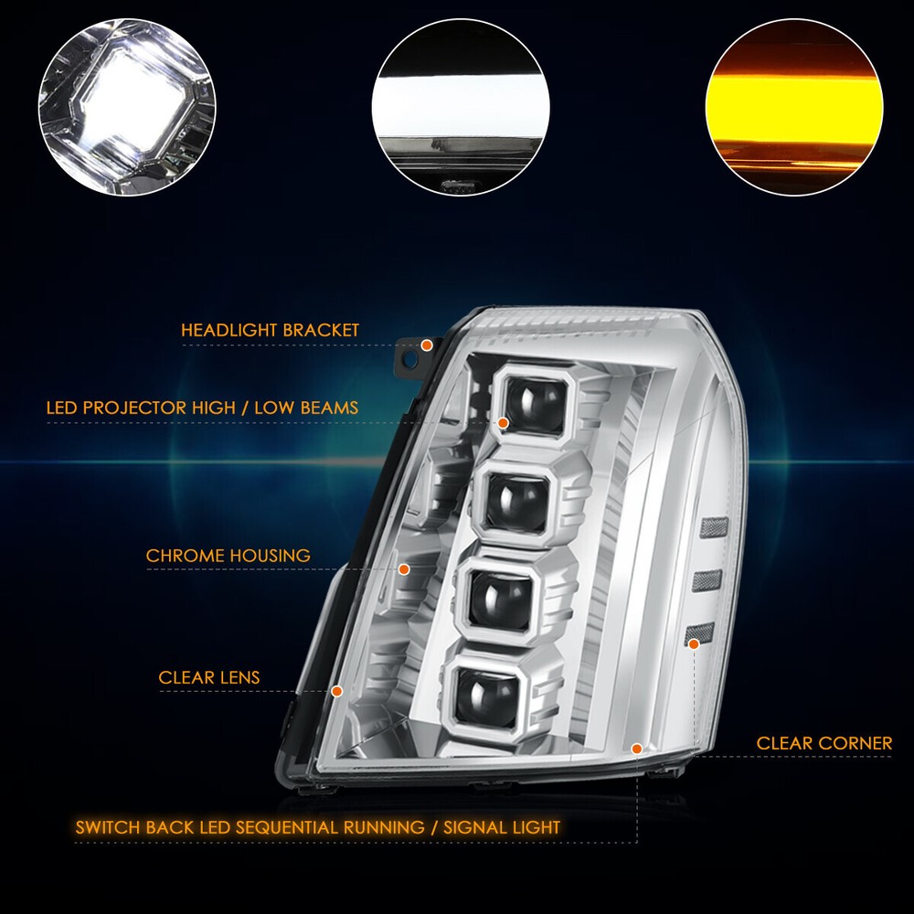 For 07-14 Cadillac Escalade ESV EXT Quad Projector Switchback LED DRL Headlights