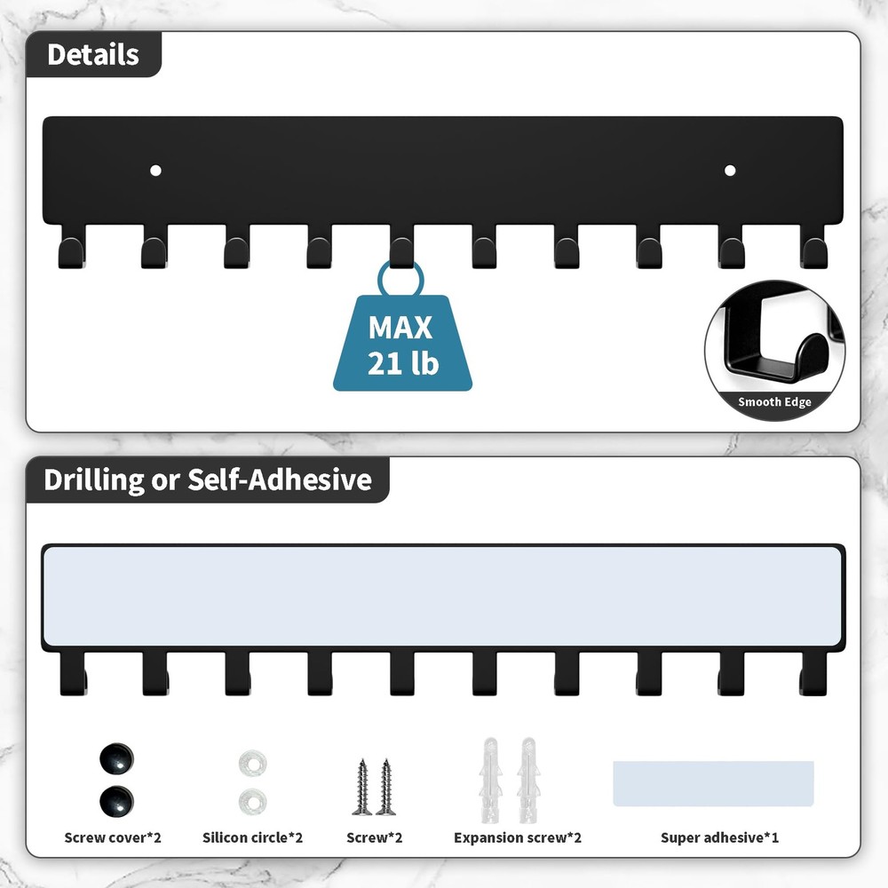Wall Mounted Key Holder with 10 Hooks, Self Adhesive Key Rack Organizer