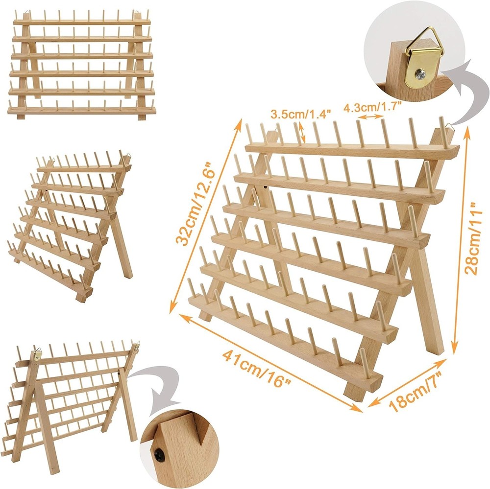 60 Spools Wooden Thread Rack/Thread Holder Organizer with Hanging Hooks for E...