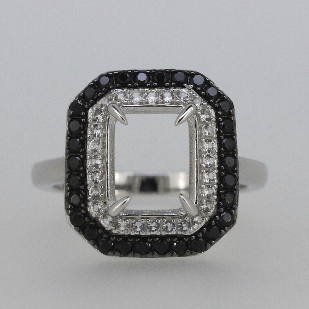 Sterling Silver Semi Mount Ring Setting OCT 10x8mm Black Spinel White