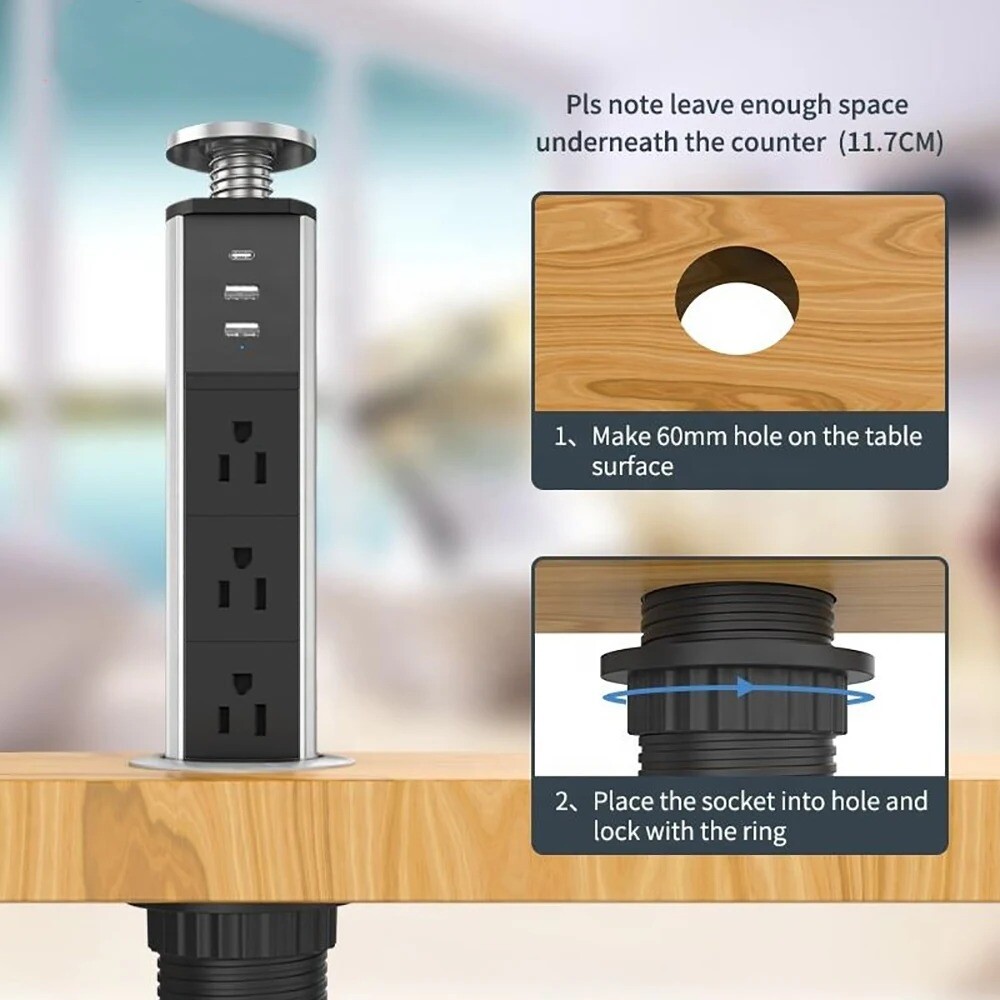 Melery Pop-up Socket Power Strip Kitchen Hidden Table USB Type-C US Plug Outlet