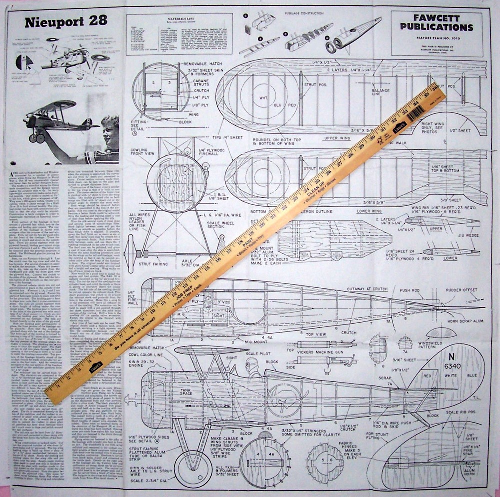 NIEUPORT 28 PLAN + CONSTRUCTION ARTICLE to Build a 33" UC Scale Model Airplane