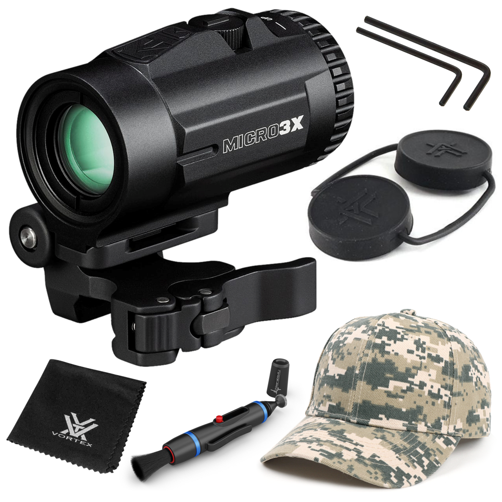 Vortex Optics Micro3X Red Dot Sight Magnifier w/ CD Hat and Cleaning Pen Bundle